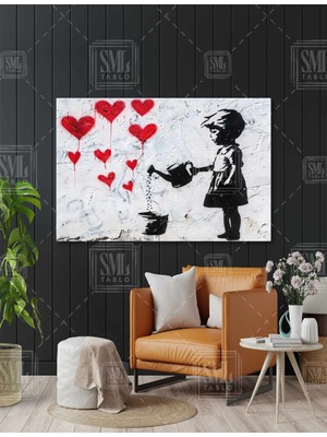 SML Tablo Saksıyı Sulayan Kız Kırmızı Kalp Balonlar Banksy Duvar Boyama Yatay Kanvas Tablo