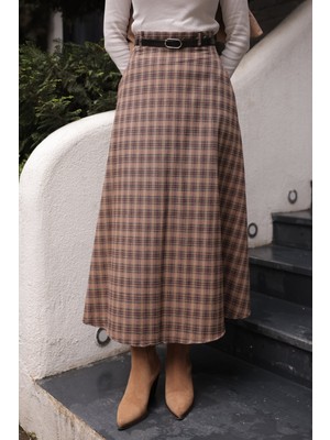 İmaj Butik Vizon Beli Kemerli Yandan Cepli Ekose Kloş Etek