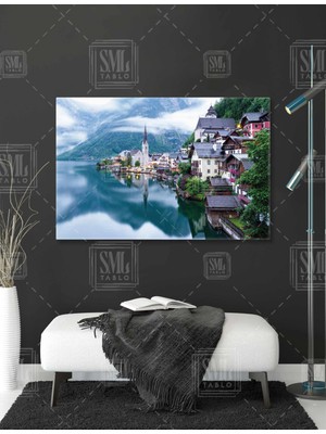 SML Tablo Hallstatt Gölü Avusturya Salzkammergut Muhteşem Göl ve Ev Kasaba Manzarası Yatay Knavas Tablo