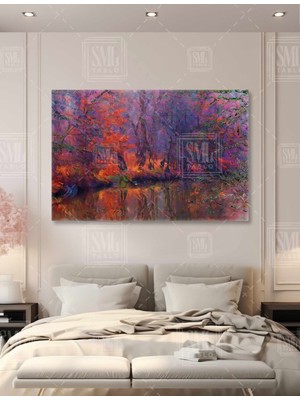 SML Tablo Mor Kırmızı Soyut Orman ve Nehir Modern Dekor Yatay Kanvas Tablo