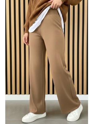 İmaj Butik Bisküvi Yüksek Bel Bol Paça Triko Pantolon