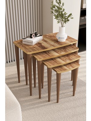 Vena Series, Ceviz 4'lü Zigon Sehpa Takımı, 1.sınıf Lak Panel Tabla, Gürgen Ayaklar