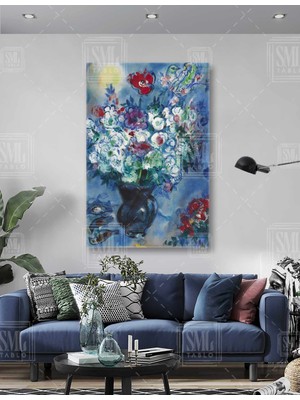 SML Tablo Beyaz Küçük Çiçekler Lacivert Vazo Kırmızı Çiçek Modern Dekor Dikey Kanvas Tablo