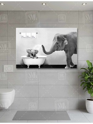 SML Tablo Yavrusunu Yıkayan Anne Fil Küvet Şirin Banyo Dekor Yatay Kanvas Tablo