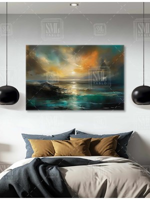SML Tablo Gün Batımı Sahil Kenarı Kayalıklar Sakin Deniz Güneş Yansılamaları Yatay Kanvas Tablo