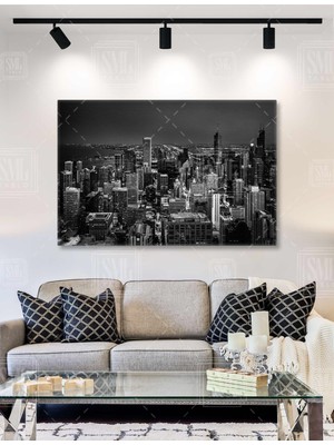 SML Tablo Gece Siyah Beyaz Şehir Işıkları Metropol Modern Şehir Gökdelen City Yatay Kanvas Tablo