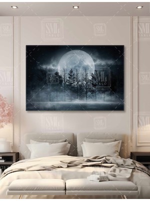 SML Tablo Parlak Dolunay Sisli Göl Manzarası Orman Manzarası Alacakaranlık Yatay Kanvas Tablo