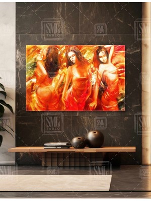 SML Tablo Kırmızı Şifon Elbiseli Dans Eden Seksi Kadınlar Red Dress Woman Yatay Kanvas Tablo