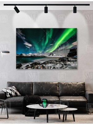 SML Tablo Yeşil Işıma Kuzey Işıkları Kuzey Kutubu Norveç Isveç Finlandiya Yatay Kanvas Tablo