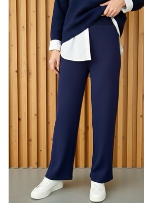 İmaj Butik Lacivert Yüksek Bel Bol Paça Triko Pantolon