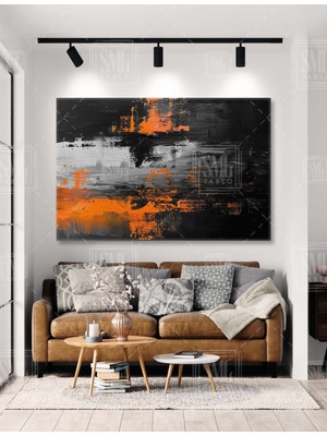 SML Tablo Siyah ve Turuncu Fırça Izleri Gri Grunge Modern Soyut Sanat Yatay Kanvas Tablo