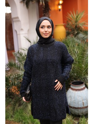 İmaj Butik Lacivert Bisiklet Yaka Simli Triko Kazak