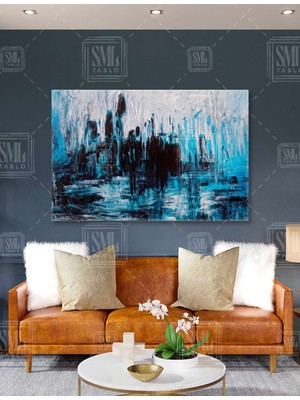 SML Tablo Mavi Siyah Fırça Izleri Soyut Insan Silüetleri Modern Dekor Yatay Kanvas Tablo