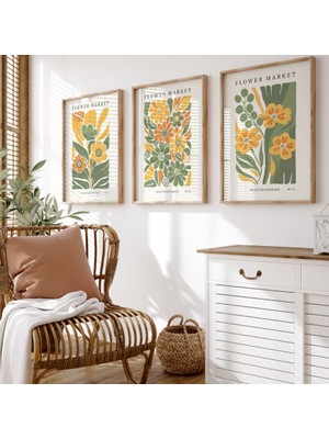 Pam Studio Sarı Yeşil Çiçek Desenli Retro Flower Market 3’lü Poster Seti – Dekoratif Tablo