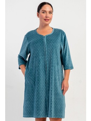 Vienetta Kadın Büyük Beden Kadife Kumaş Fermuarlı Kapri Kol Ev Elbisesi Gecelik C3T1N0705