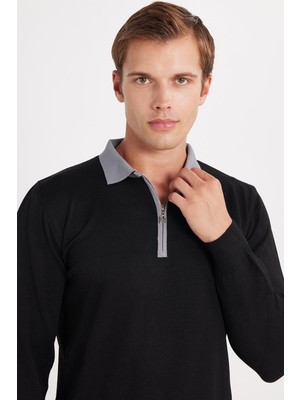 Tudors Erkek Standart Fit Uzun Kol Yarım Fermuarlı Polo Yaka Siyah Kazak