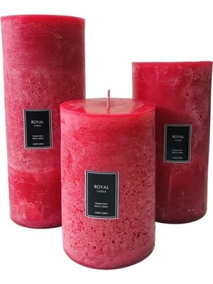 PremiumPort Rustik Kırmızı Silindir Mum Seti, 3'lü, Çap 10, 15 ve 20 cm