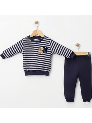 Nikuby Erkek Bebek %100 Pamuk Çizgili Ayıcık Nakışlı 2’li Takım – Uzun Kollu Sweatshirt & Pantolon