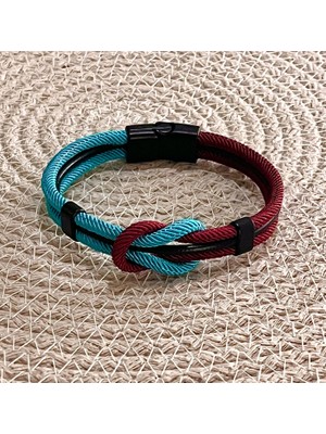 Saat Farkı Bordo Mavi Taraftar Temalı Deri&makreme Düğüm Model Bileklik (Net 21CM)