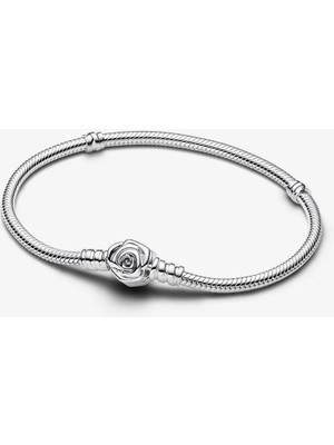 KFS Pandora Moments Gül Çiçeği Tokalı Yılan Zincir Bileklik 925 Ayar Gümüş