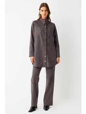 Esswaap Lazer Kesimli Çıt Çıt Kapamalı Süet Ceket  Antrasit