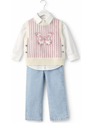 Bambino Kelebek Detaylı Triko Yelek Gömlek Jean Pantolon 3’lü Takım