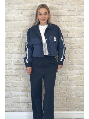 Muna Boutique Lacivert Önü Paraşüt Kumaş Detaylı  Şeritli Kadın Alt Üst Takım