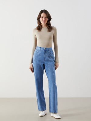Lc Waikiki Yeni Sezon Beli Lastikli Straight Fit Taşlı Kadın Jean Pantolon