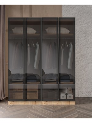 Afilli Altay Ülgen Füme Camlı Alimünyum Kapaklı 2 Çekmeceli Giyinme Dolabı LED Askılıklı Tamamı Mdf