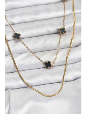 Inure Jewelry 316L Çelik Zincir Gold Renk Italyan Zincirli Siyah Yonca Model Kadın Kolye