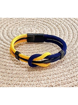 Sarı Lacivert Taraftar Temalı Deri&makreme Düğümlü Bileklik (Net 21CM)