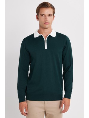 Tudors Erkek Standart Fit Uzun Kol Yarım Fermuarlı Polo Yaka Yeşil Kazak