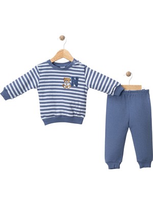 Nikuby Erkek Bebek %100 Pamuk Çizgili Ayıcık Nakışlı 2’li Takım – Uzun Kollu Sweatshirt & Pantolon