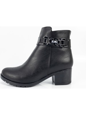 Aktaş Ayakkabı Kadın Siyah Su Geçirmez Toka Detaylı Fermuarlı Kalın Topuklu Bot