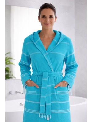 Luna %100 Pamuk Peştemal Bornoz Kapüşonlu Unisex- Turkuaz
