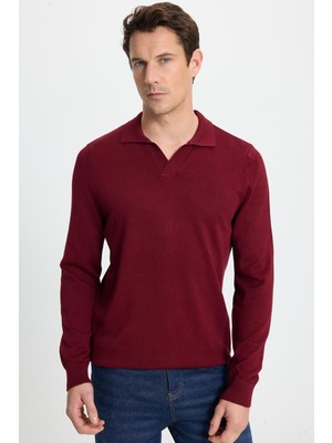 Tudors Erkek Standart Fit Normal Kesim Polo V Yaka Bordo Triko Kazak