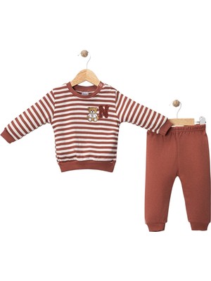 Nikuby Erkek Bebek %100 Pamuk Çizgili Ayıcık Nakışlı 2’li Takım – Uzun Kollu Sweatshirt & Pantolon