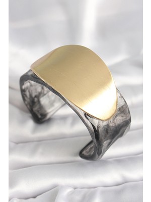 Eco Lounge Siyah Mermer Desen Akrilik Plastik Gold Oval Plaka Model Vintage Kadın Bilezik