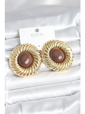 Inure Jewelry Pirinç Gold Renk Kahverengi Boncuklu Vintage Kadın Küpe