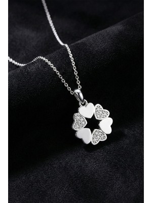 Roza Silver 925 Ayar Gümüş Rodyum Kaplama Zirkon Taşlı Birleşen Kalpler Çiçek Kolye