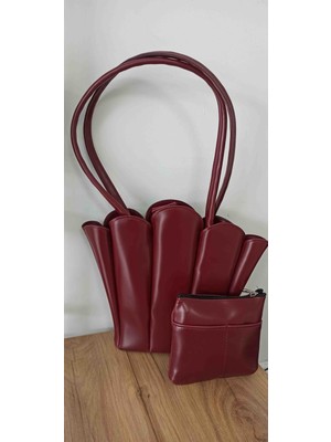 Matruşka Deri Sanat Tasarım Bordo Yelpaze Modeli Omuz Çantası