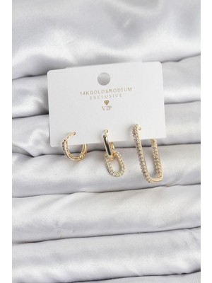 Inure Jewelry Gold Renk Zirkon Taşlı 3'lü Kadın Küpe Seti