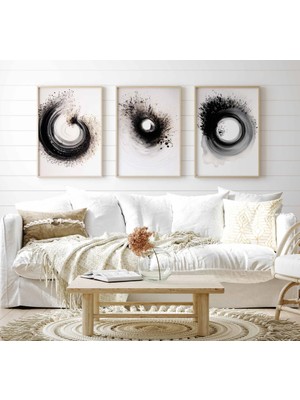 Pam Studio Siyah Altın Tonlarında Modern Soyut 3’lü Tablo Seti – Enerjik Minimal Duvar Dekoru