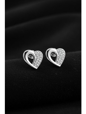 Roza Silver 925 Ayar Gümüş Rodyum Kaplama Zirkon Taşlı Minimal Kalp Çivili Küpe