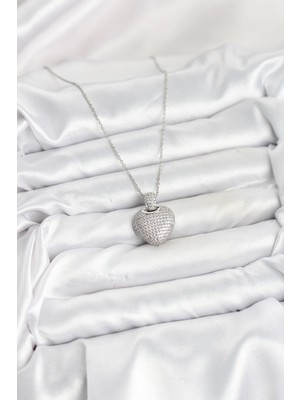 Inure Jewelry 316L Çelik Zincir Gümüş Renk Zirkon Taşlı Kalpli Kadın Kolye