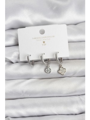 Inure Jewelry Pirinç Gümüş Renk Yonca Model 3'lü Kadın Küpe Seti