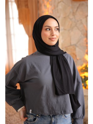 İmaj Butik Siyah Helen Önü Süngerli Pratik Penye Şal