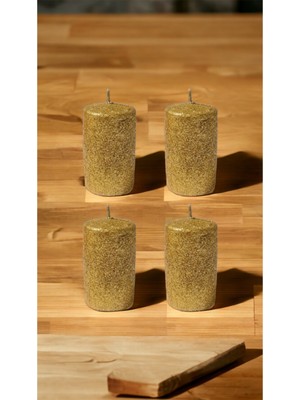 PremiumPort 4’lü Simli Silindir Mum Seti, Şık ve Parlak Dekoratif Aksesuar