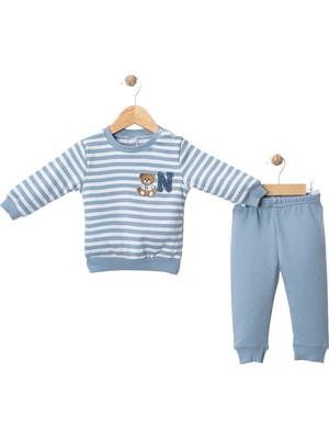 Nikuby Erkek Bebek %100 Pamuk Çizgili Ayıcık Nakışlı 2’li Takım – Uzun Kollu Sweatshirt & Pantolon