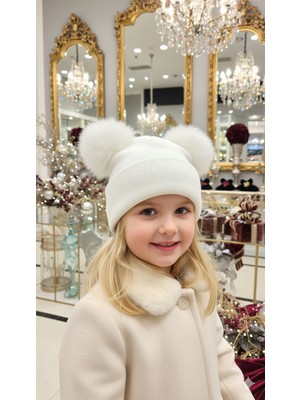 Veracraft Kız Çocuk Beyaz Ponponlu Şapka